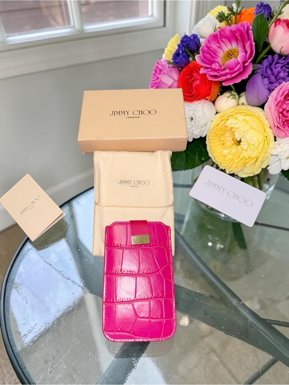 Jimmy Choo Hot Pink Croc-Embossed Leather Card Holder Sleeve with COA